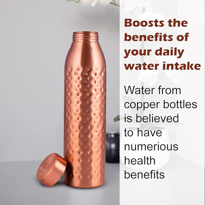 Copper Water Bottle 1Liter - Gift Box of 6, Hammered, an Ayurvedic vessel made from pure copper - helps you drink more water, with many health benefits