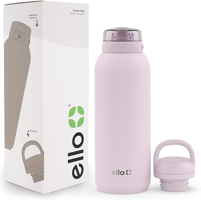 Ello Cooper 40oz Stainless Steel Water Bottle with 2 Lids Chug and Straw | Leak Proof | Double Walled and Vacuum Insulated | Built in Carry Loop | Dishwasher Safe | Cashmere Pink