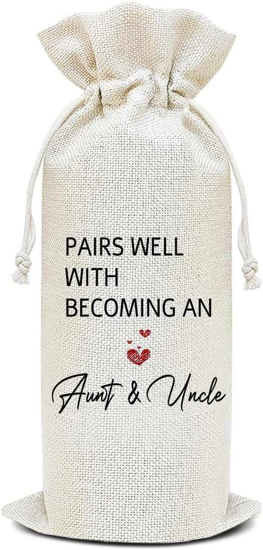 Wine Canvas Bag, Aunt And Uncle Baby Announcement Wine Gift Bag, New Aunt Uncle Gifts Wine Bags for Wine Bottles, Wine Champagne Gifts With Drawstring Pregnancy Announcement Party Decoration -WB05