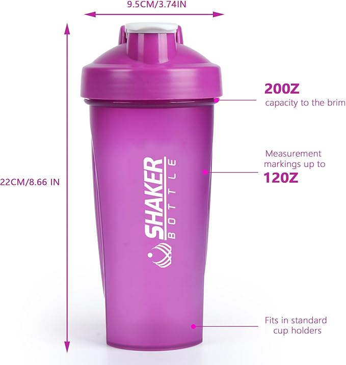 Shaker Bottle, 600ml Classical Protein Shaker Cup with Mixing Ball for Smooth blending, Leak-Proof GYM Workout Water Bottles for protein& Smoothie Shake，Bpa Free (20oz / Purple)