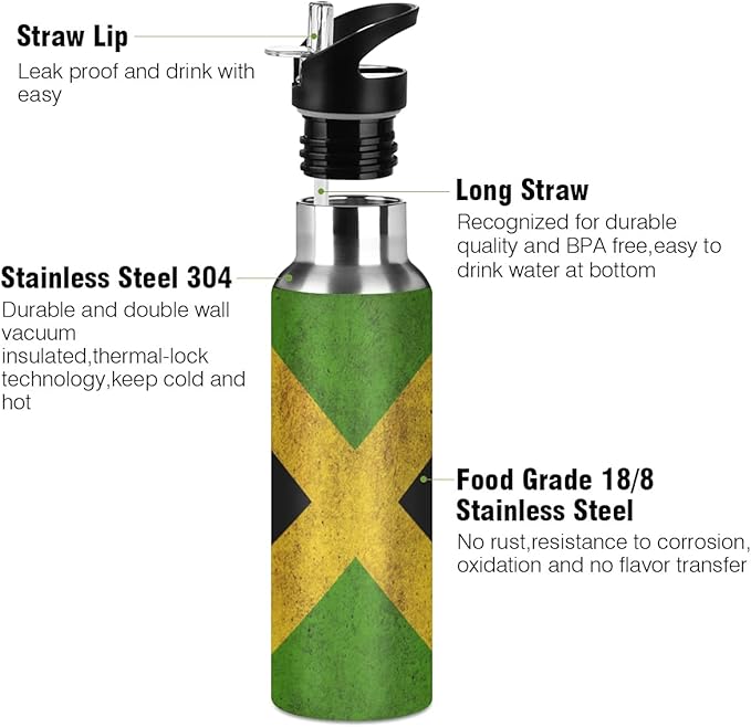 Jamaica Flag Jamaican Sports Water Bottle, Double Wall Vacuum Insulated Stainless Steel Water Bottle with Straw Keeps Hot and Cold, Bike Running Sports Travel Gym 20oz, one size