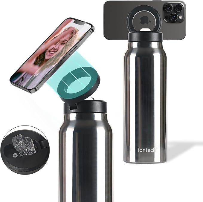 Insulated Water Bottle with Magnetic Phone Holder Compatible with MagSafe and iPhone, Stainless Steel Water Bottle Phone Mount For Sports Travel School, Hot 12H Cold 24H, 24oz (Silver)