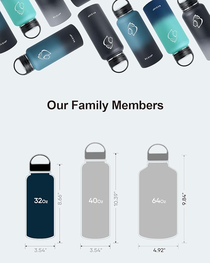 BUZIO Water Bottle with Straw lid, Spout Lid, Hand Lid and Carrying Pouch, 32oz 40oz 64oz Stainless Steel Water Flask Jug, Cold for 48 Hrs Hot for 24 Hrs Double Vacuum Thermo Canteen Mug, BPA-Free