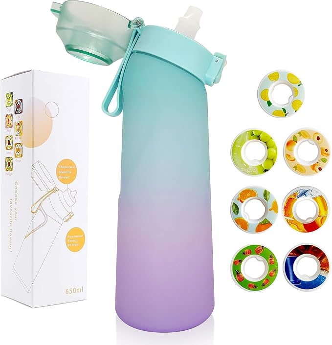 Water Bottle with 7Pcs Air Flavor Pods, Air Bottle Pods Water Bottle, Flavor Caps with Water Bottle, Fruit Scent Pods for Outdoor Sport(Blue-Purple Gradient Color-7 Pods)