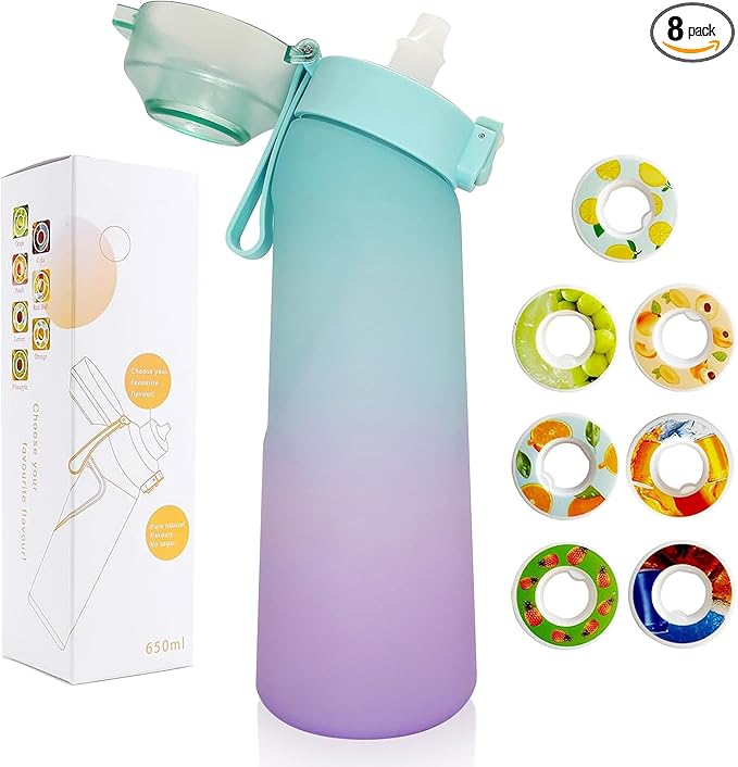 Water Bottle with 7Pcs Air Flavor Pods, Air Bottle Pods Water Bottle, Flavor Caps with Water Bottle, Fruit Scent Pods for Outdoor Sport(Blue-Purple Gradient Color-7 Pods)