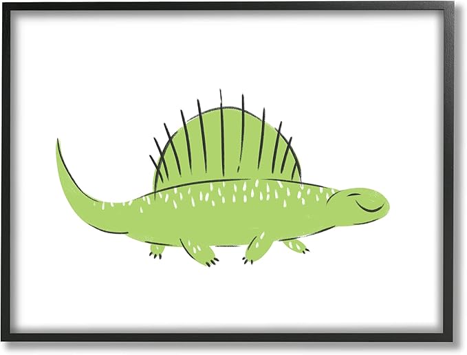 Stupell Industries Happy Green Dinosaur Small Finned Kids' Reptile, Designed by Ziwei Li Black Framed Wall Art, 16 x 20