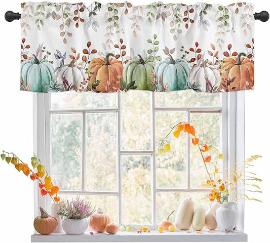 Fall Thanksgiving Kitchen Curtains Valances for Windows Autumn Pumpkins Eucalyptus Leaves Rod Pocket Window Treatment for Kitchen /Living Room/Bedroom/ Bathroom, 60" X 18", Blue Sage Green Orange