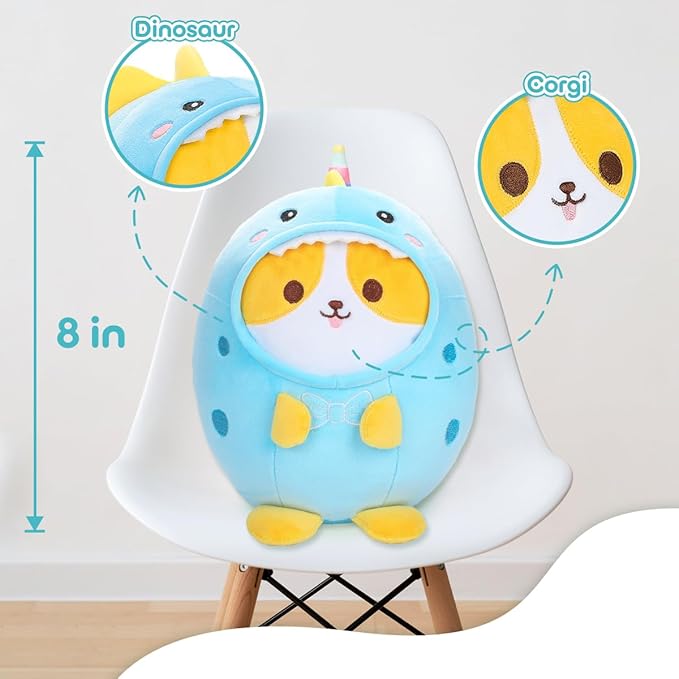 Cute Plush Corgi Dinosaur Stuffed Animal Pillow, 8" Soft Kawaii Shiba Inu Corgi Plushie with Dinosaur Outfit Gift for Kids