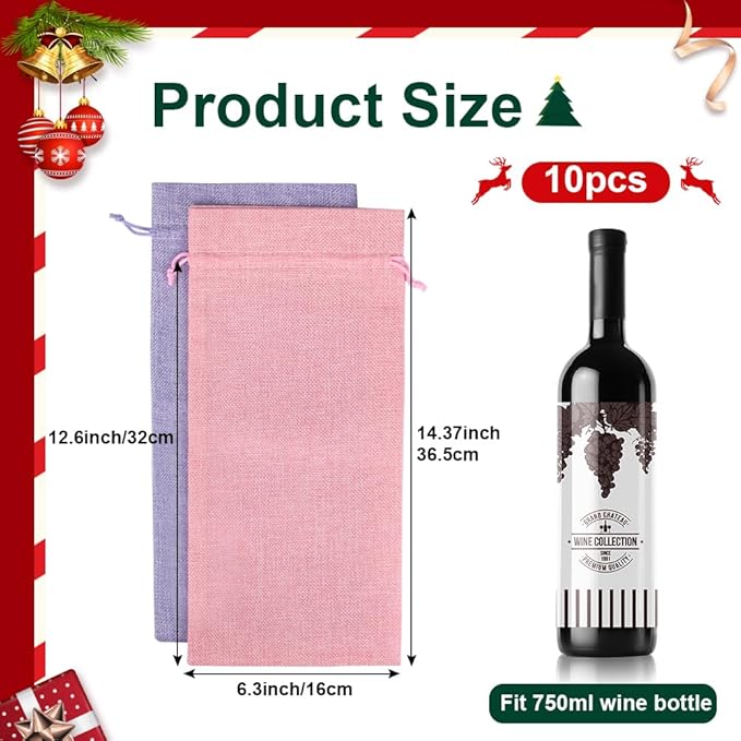 Shintop 10pcs Jute Wine Bags, 14.4 x 5.6 inches Hessian Wine Bottle Gift Bags with Drawstring （5 colors）