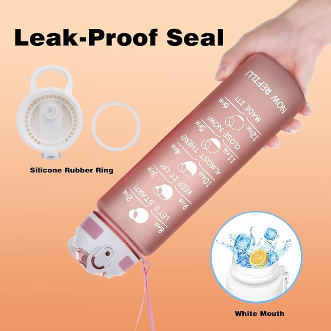 Prometheuz 32oz Water Bottle with Straw, Motivational Water Bottle with Time Marker, Water Bottles Leakproof & BPA-Free for Sports, Work and Fitness Rose Gold