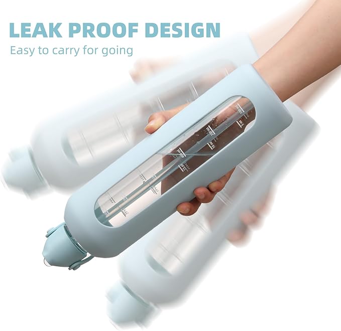 20 oz Glass Water Bottles with Straw Borosilicate Glass Water Bottle with Time Marker Motivational Water Bottles with Silicone Sleeve Leak Proof Reusable BPA Free