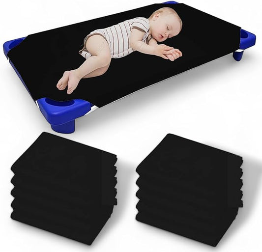 Pack of 12 Cot Sheet for Daycare Preschool Cot Bed -Polyblend Fabric with Corner Elastic Cots Sheets Fits On 22" X 52" Inches Size Toddler and Preschool Daycare Cot Navy Blue 22 X 52 Size