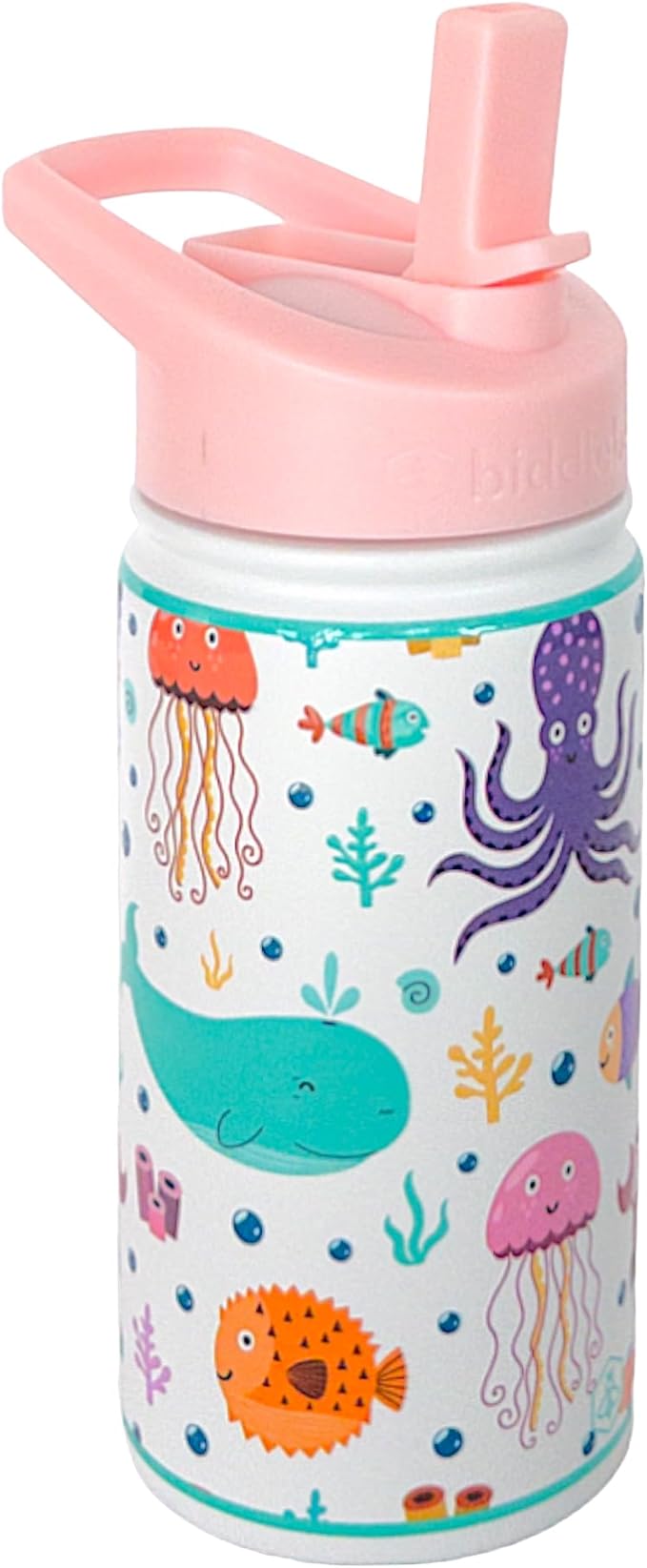 Biddlebee Kids Water Bottle with Straw Lid | 14oz Insulated Stainless Steel Reusable Bottles for School | Leak Proof Cap with Handle & Touch Free Spout | Great for Boys & Girls (Under the Sea)