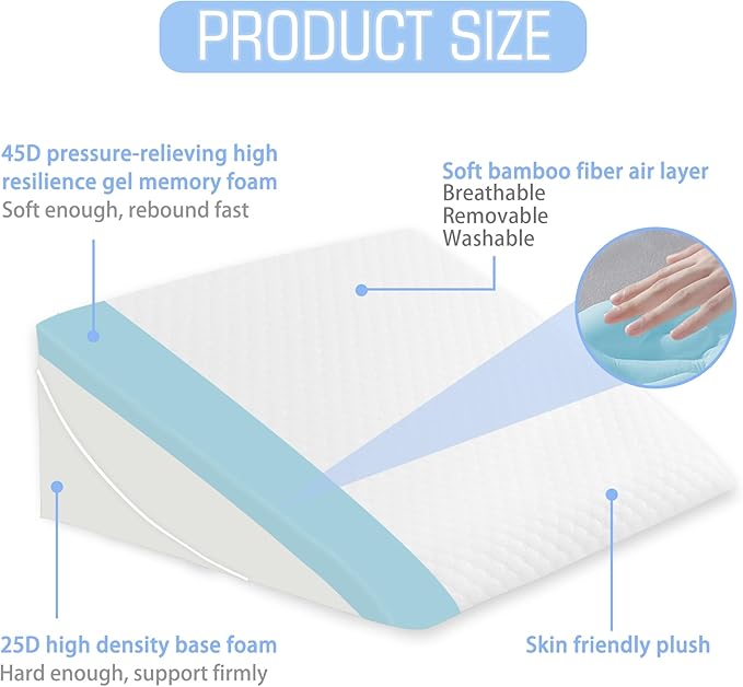 Bed Wedge Pillow for Sleeping, 7.5 Inch Adjustable Memory Foam Triangle Wedge Pillow for After Surgery Legs and Back Support Pillow Relieve Acid Reflux, Gerd, Snoring