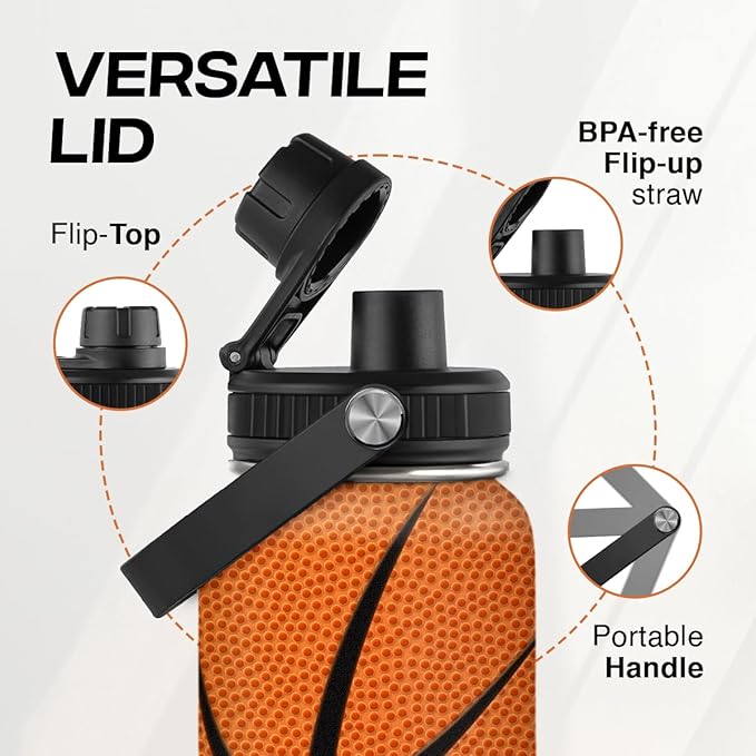 SANDJEST Basketball Water Bottle 32oz Stainless Steel Insulated Bottles for Men Women Sports Lovers Fan Players Coach - Basketball Gifts for Birthday Christmas
