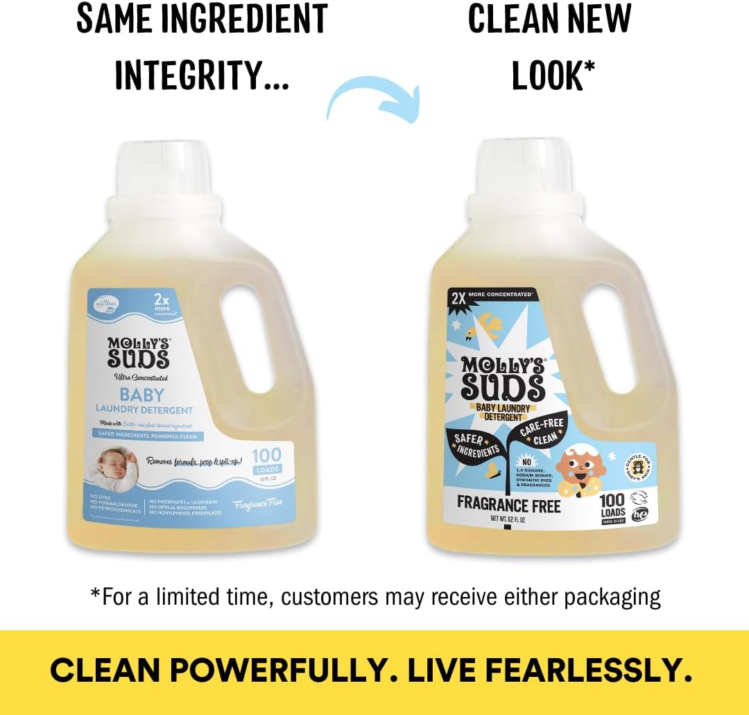 Molly's Suds Baby Liquid Laundry Detergent | Removes Formula, Poop & Spit-Up Stains | Extra Gentle for Infants, Babies, Toddlers (Fragrance Free, 100 Loads)