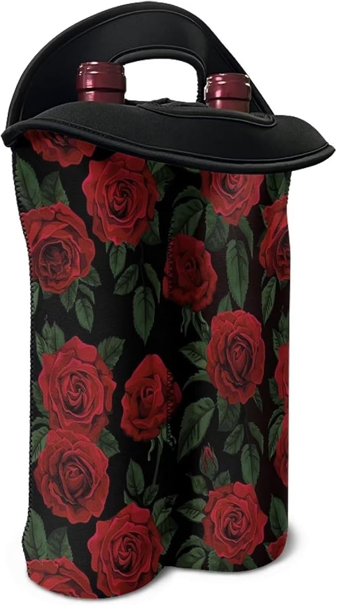 doginthehole 2 Bottles Red Rose Wine Bag Sleeve Neoprene Protective Wine Carrier Bag for Wine,Water, Champagne, Beer Insulated Wine Tote Water Bottle Holder for Travel with Carry Handle