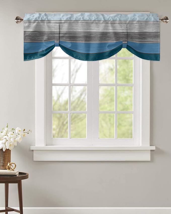 Farmhouse Blackout Tie Up Valance Curtains for Kitchen Windows,Blue Gray Ocean Hues Window Toppers Balloon Shades for Living Room/Bathroom/Bedroom,1 Panel,42" X 12" Retro Rustic Barn Wood Texture