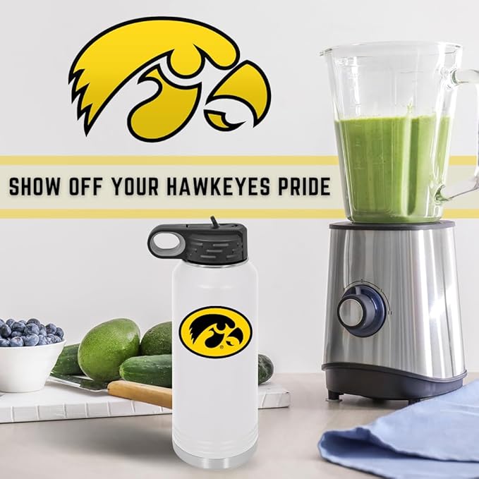 Game Day Outfitters University of Iowa 32oz Stainless Steel Double Walled White Beverage Bottle with Flip Straw Spout - College Gear for Playoff Season – Show your Hawkeye Pride