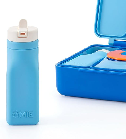 Omie OmieBox Reusable Silicone Water Bottle - 8.7 oz, Straw Top, BPA-Free & Phthalate-Free, Leak-Proof (Blue)