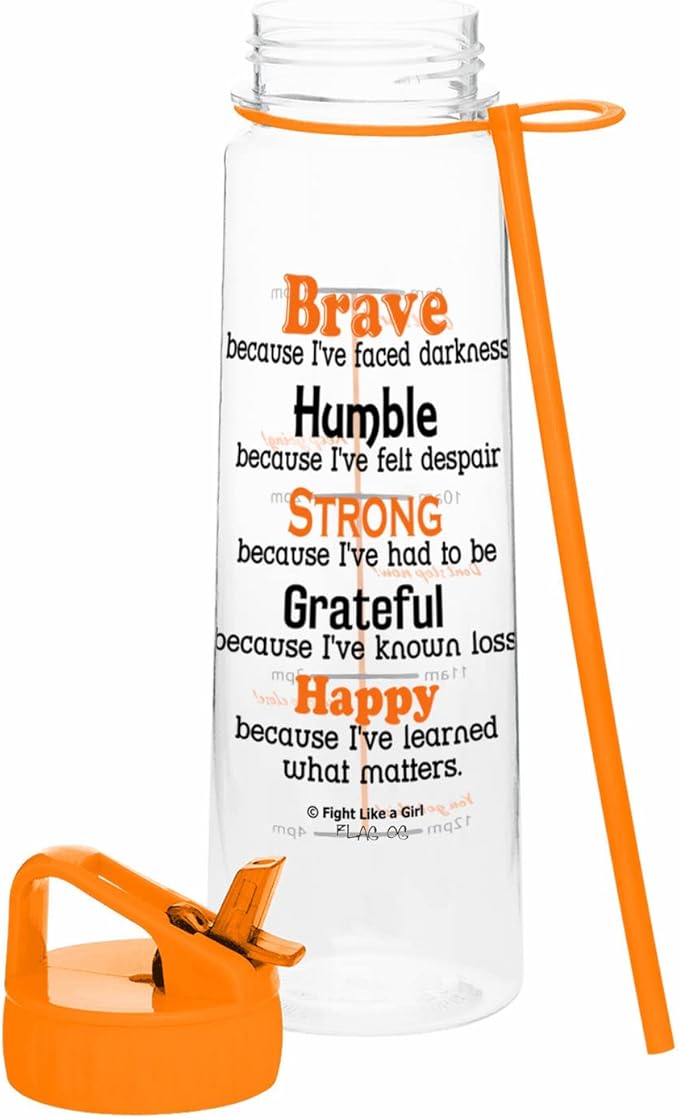 Fight Like a Girl Brave SlimKim 30 oz Motivational Water Bottle with Time Marker & Straw for Leukemia, Kidney Cancer, MS Awareness - Reusable Clear Water Bottle for Workout, Gym, Travel - Orange