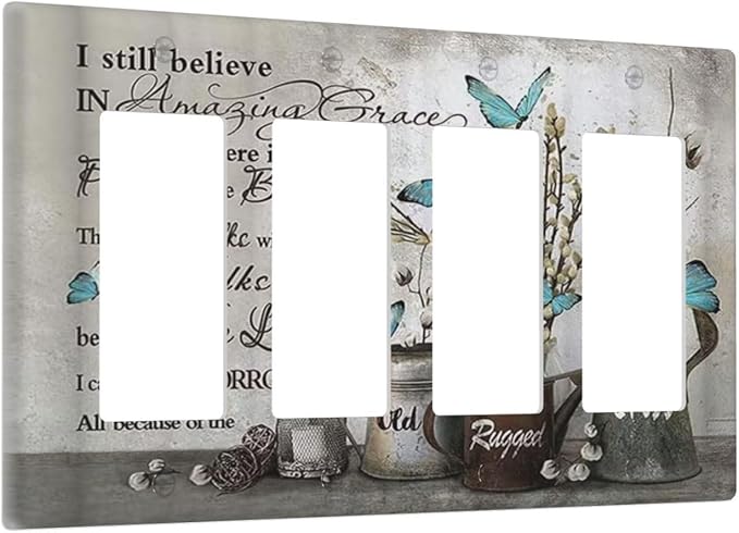 Blue Butterfly Rustic Flower Inspirational Quotes 4 Gang Rocker Decora Light Switch Cover Outlet Covers Wall Plate Decorative Switchplate Electrical Faceplate GFCI for Farmhouse Bedroom Decor