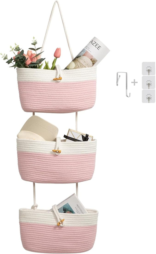 TeoKJ Over The Door Hanging Baskets with Button Strap, 3-Tier Woven Cotton Storage Organizer Bag, Wall-Mounted with Hook Decorative Hanging Nursery Baskets - Pink+White