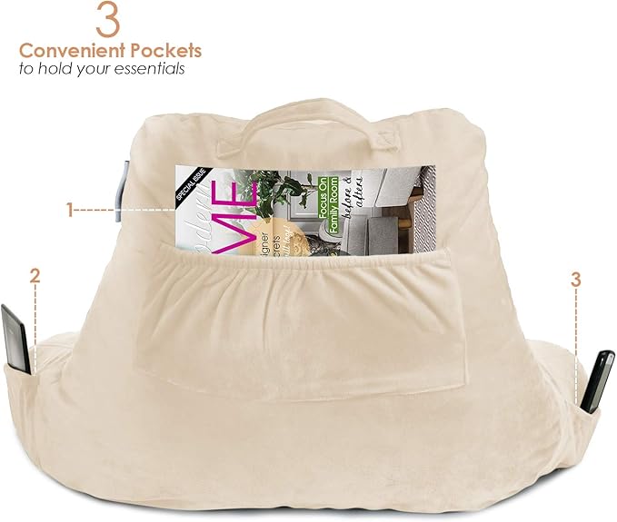 Nestl Reading Pillow for Kids, Small Bed Pillow, Back Pillow for Sitting in Bed, Memory Foam Chair Pillow, Reading & Bed Rest Pillows, Beige Cream Back Pillow for Bed, Arm Pillow with Pockets