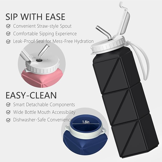 Collapsible Water Bottles, Silicone Foldable Portable Water Bottle 610ml, Lightweight Reusable Leakproof for Travel Camping Hiking Cycling Yoga Sports Outdoor