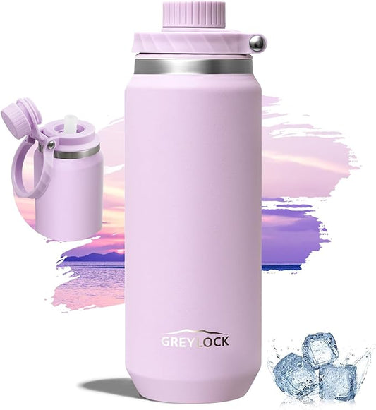 Greylock 20 oz Water Bottle Insulated, BPA-Free Reusable Water Bottles Stainless Steel, Leak Proof Kids Travel Water Bottle with Straw Lid, Double-Wall Vacuum Insulation, 24 Hours Cold (Lilac Purple)