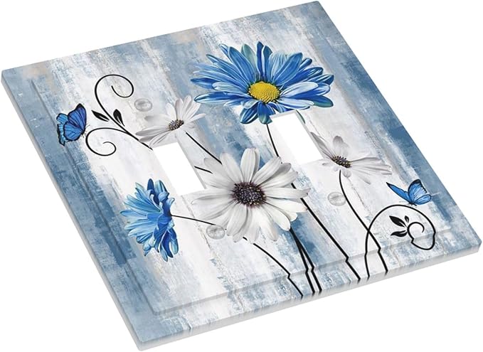 Rustic Teal Blue Daisy Floral Double Toggle Light Switch Covers 2 Gang Wall Plate Dual Decorative Switchplate Electrical Faceplate for Country Bathroom Bedroom Kitchen Decor