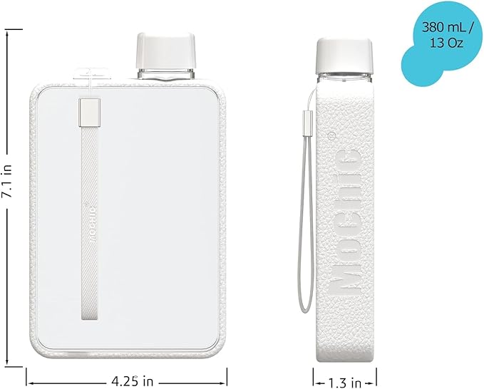 Mochic 13oz Portable Water Flask Flat Water Bottle for Purse Mug BPA Free A5 Slim Square Water Bottle Flask Leak Proof Plastic Flask Bottle for Travel (White)