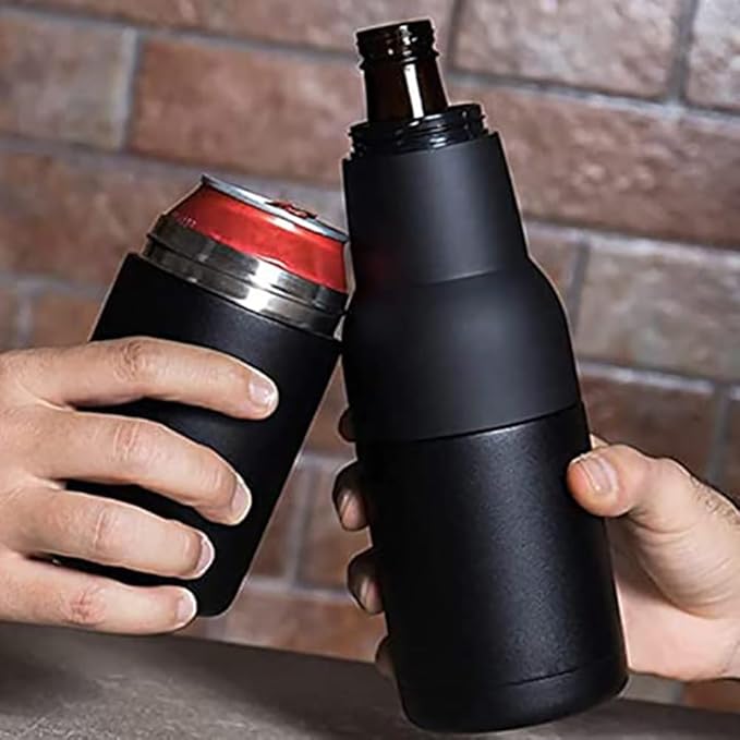 3 in 1 Beer Bottle and Can Cooler, Vacuum Insulated Double Walled Stainless Steel Cooler with Beer Opener, 12 oz Slim Can Insulator Holder (Black)