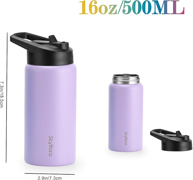 Kids Water Bottle with Straw 2 Pack, 16oz Water Bottles Bulk, Single Wall 18/8 Stainless Steel, Dishwasher Safe & Leakproof, Reusable Gift for Girls Boys to School Sports Travel Camping, Pink & Purple