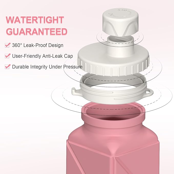 Collapsible Water Bottles, Silicone Foldable Portable Water Bottle 610ml, Lightweight Reusable Leakproof for Sports and Outdoor, 1 Pack (Pink)