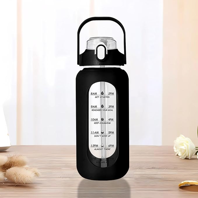 64oz Glass Water Bottle with Straw - Half Gallon Large Motivational Water Bottle with Silicone Sleeve Time Marker, Ideal for Gym, Sports, Workouts, Daily