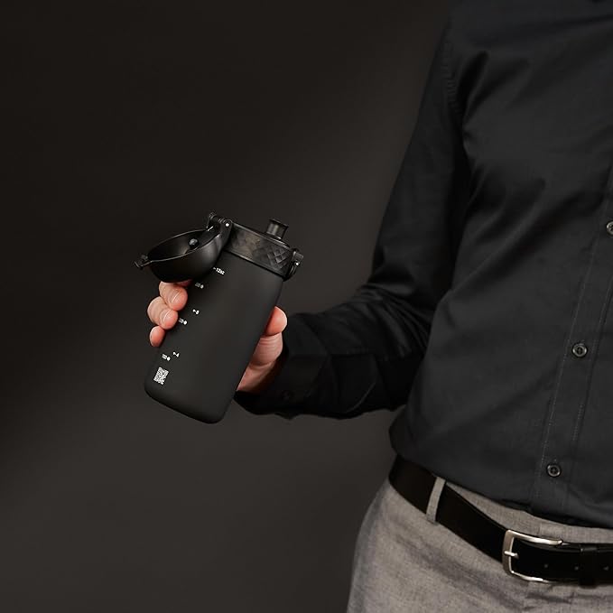 Ion8 Small Water Bottle, 350 ml/12 oz, Leak Proof, Easy to Open, Secure Lock, Dishwasher Safe, BPA Free, Carry Handle, Hygienic Flip Cover, Easy Clean, Odor Free, Carbon Neutral, Black