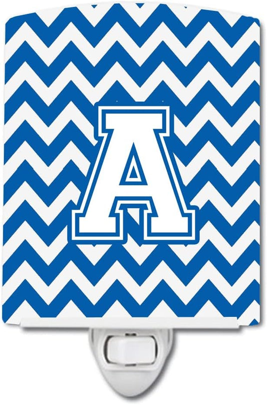 Caroline's Treasures CJ1045-ACNL Letter A Chevron Blue and White Ceramic Night Light Compact, UL-Certified, Ideal for Bedroom, Bathroom, Nursery, Hallway, Kitchen, 6x4x3, Multicolor