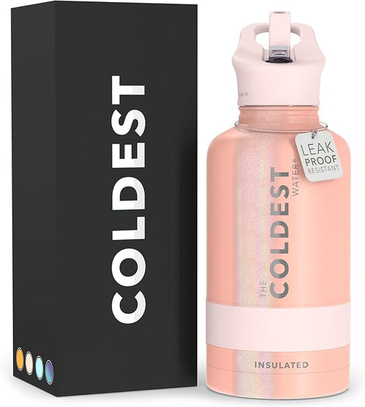 Coldest Sports Water Bottle with Straw Lid Vacuum Insulated Stainless Steel Metal Bottles Leak Proof Flask for Sports Gym (64 oz, Forever Pink Glitter)