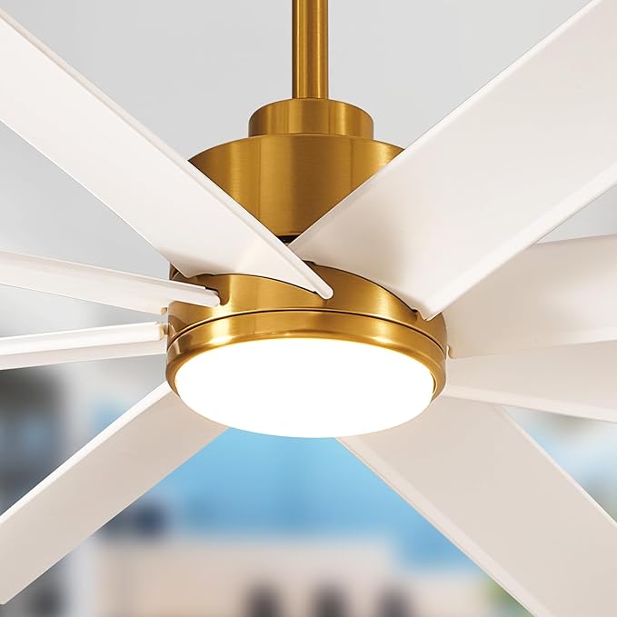 Depuley 60" Industrial DC Motor Ceiling Fan with LED Light, Indoor or Covered Outdoor Ceiling Fans for Living Room Office Bedroom Porch Patio, 5-Speed Remote App Control, White and Gold