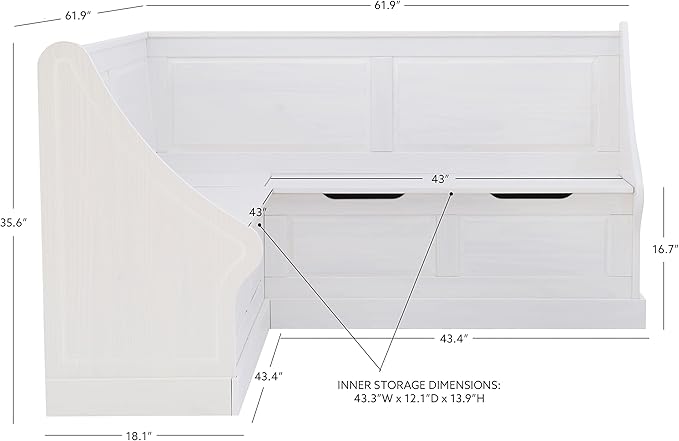 Linon Harris White Corner Breakfast Nook - Nook Only, Table is NOT included! 20.88D x 61.88W x 36.63H in