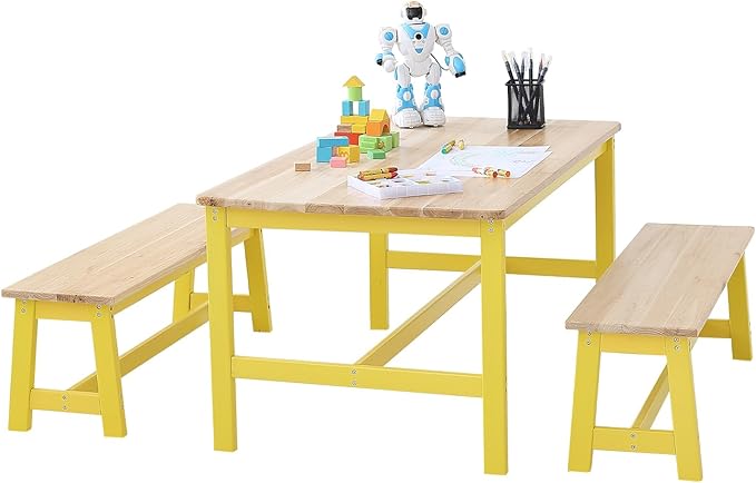 VEVOR Kids Table and Bench Set, Toddler Table and Chair Set of 3, Wood Activity Table for Art, Craft, Reading, Learning