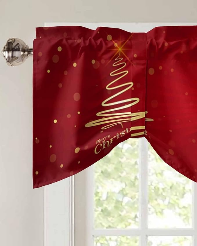 Christmas Tree Blackout Tie Up Valance Curtains for Kitchen Windows Merry Xmas Red Window Toppers Balloon Shades for Living Room/Bathroom/Bedroom,1 Panel,42" X 18" Winter Holiday Decor