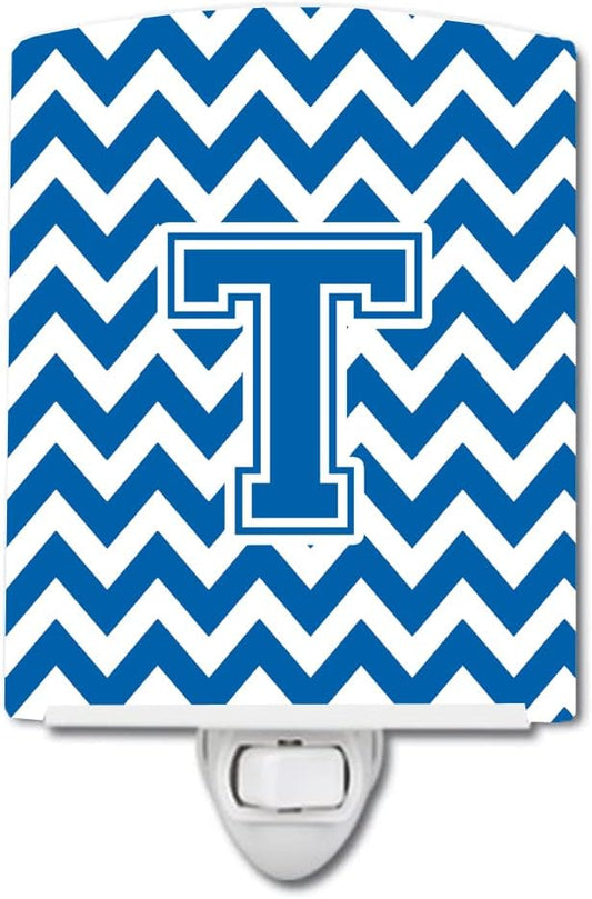 Caroline's Treasures CJ1056-TCNL Letter T Chevron Blue and White Ceramic Night Light Compact, UL-Certified, Ideal for Bedroom, Bathroom, Nursery, Hallway, Kitchen, 6x4x3, Multicolor