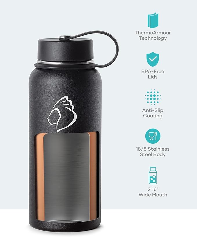 BUZIO Stainless Steel Water Bottle (Cold for 48 Hrs, Hot for 24 Hrs), 32 oz Vacuum Insulated Water Bottle with Straw Lid and Flex Cap (Double Wall, Wide Mouth, BPA Free, Leak Proof), Black