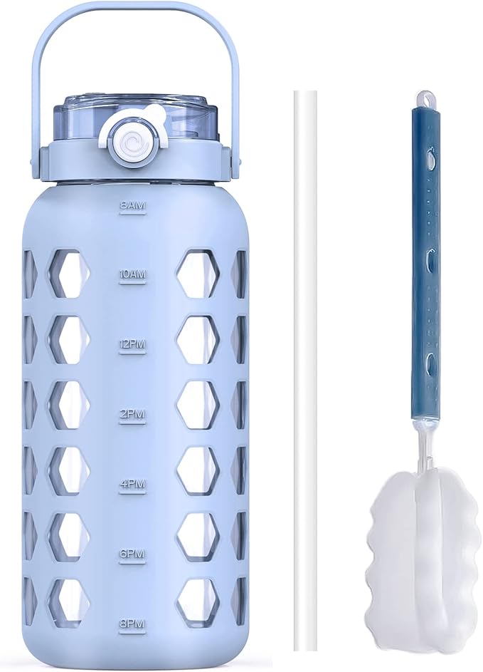 MUKOKO Half Gallon/64 oz Glass Water Bottles with Straw and Lid,Motivational Water Jug with Time Marker Reminder and Silicone Sleeve,100% Leakproof BPA Free Fitness Sports Large Bottle-Light Blue