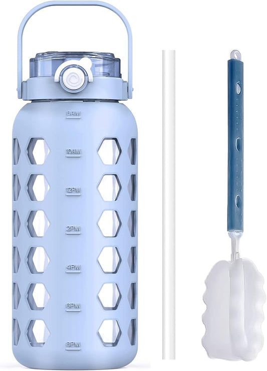 MUKOKO Half Gallon/64 oz Glass Water Bottles with Straw and Lid,Motivational Water Jug with Time Marker Reminder and Silicone Sleeve,100% Leakproof BPA Free Fitness Sports Large Bottle-Light Blue