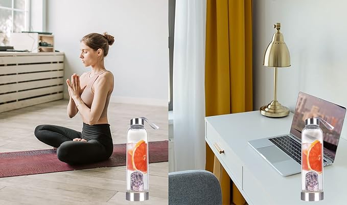 Crystal Glass Water Bottle, Glass Water Bottle with Changeable Natural Crystal Center, Quartz Gemstone Water Bottle for Natural