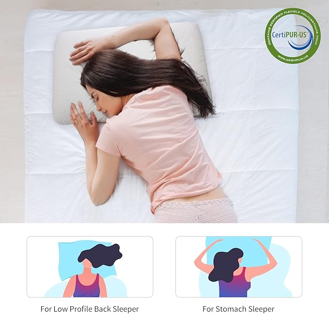 Slim 3.2" Stomach Sleeping Memory Foam Pillow-Thin, Flat, Soft Yet Supportative for Belly, Back& Stomach Sleepers