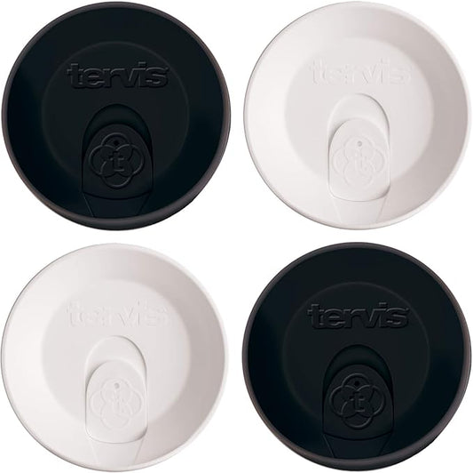Tervis Travel Lid Made in USA Double Walled Insulated Tumbler Travel Cup Keeps Drinks Cold & Hot, Fits 16oz Tumblers - 4pk, Assorted Black and White